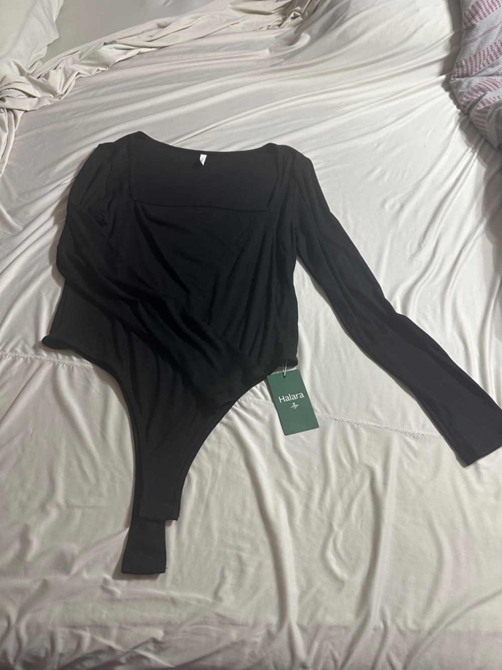 HALARA Black Long Sleeve Square Neck Ribbed Bodysuit